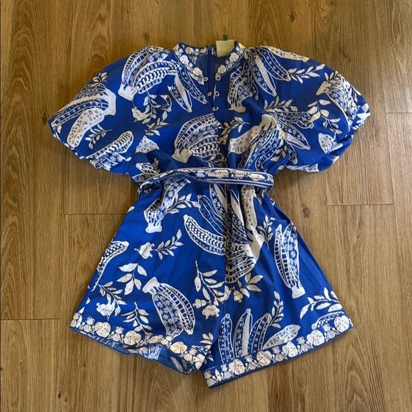 FARM Rio Blue and White Tropical Print Romper - Picture 1 of 6
